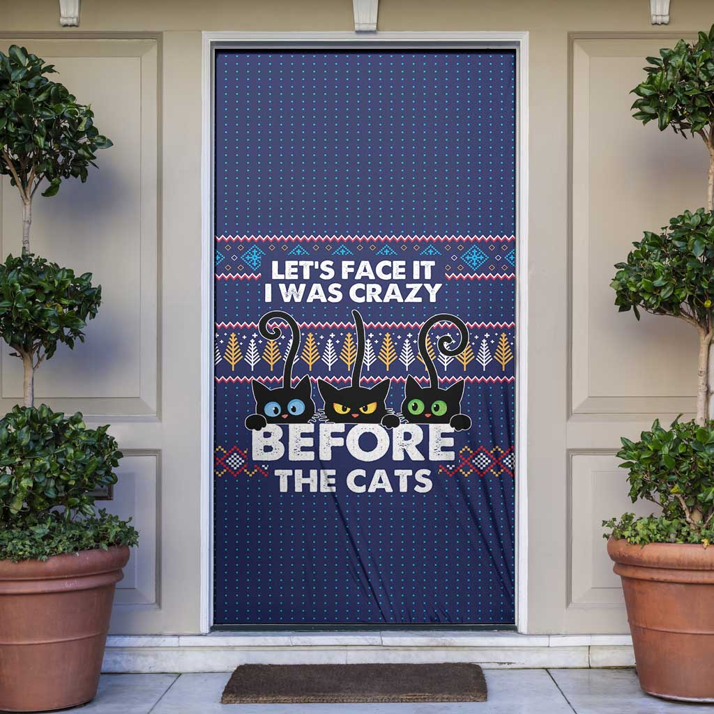 Crazy Cat Lover Door Cover with Black Cats and Funny Quote in Blue Holiday Knit Pattern Design - Wonder Print Shop