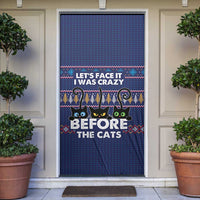 Crazy Cat Lover Door Cover with Black Cats and Funny Quote in Blue Holiday Knit Pattern Design - Wonder Print Shop