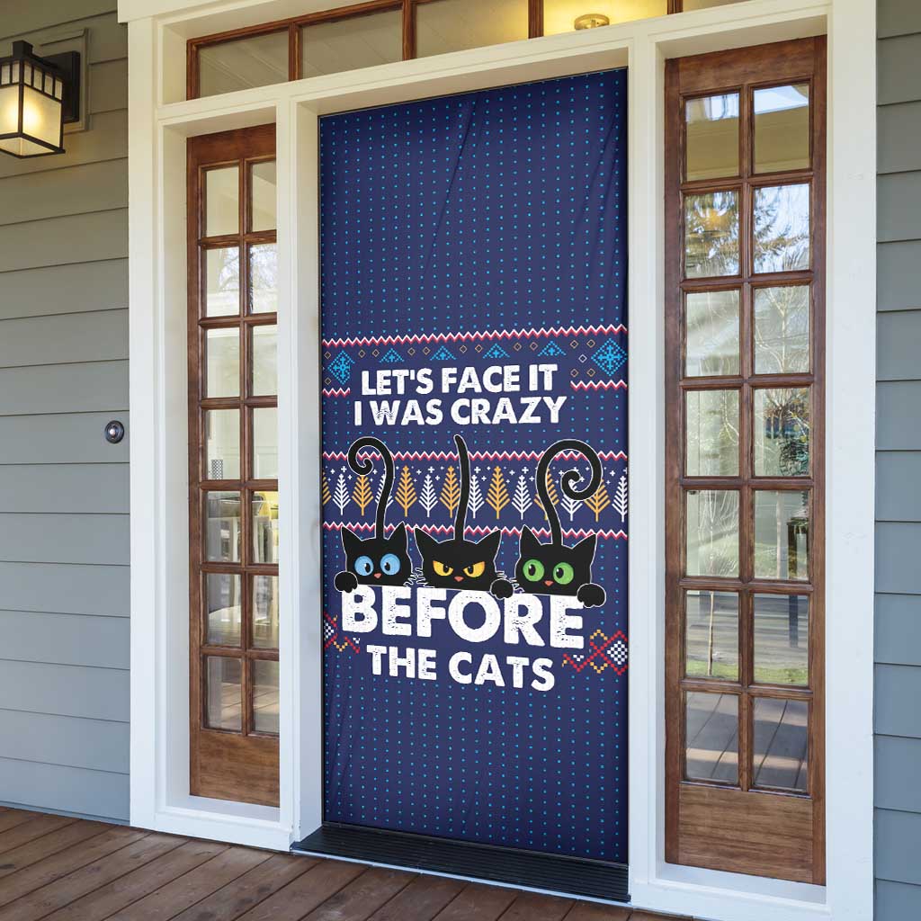 Crazy Cat Lover Door Cover with Black Cats and Funny Quote in Blue Holiday Knit Pattern Design - Wonder Print Shop