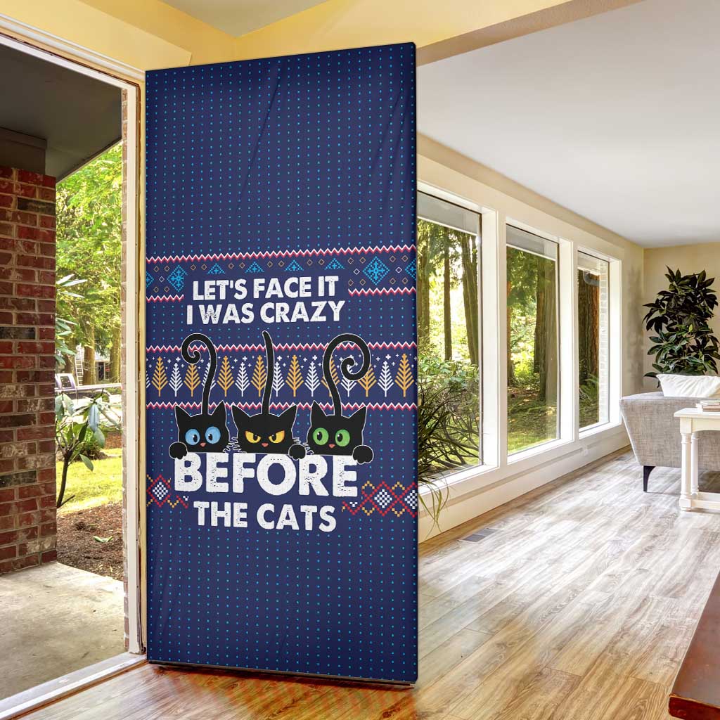 Crazy Cat Lover Door Cover with Black Cats and Funny Quote in Blue Holiday Knit Pattern Design - Wonder Print Shop