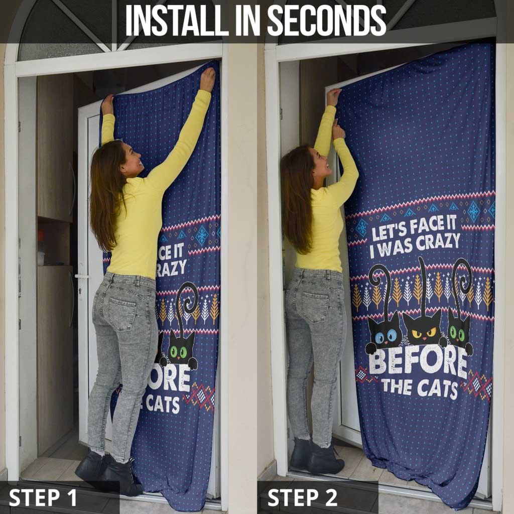 Crazy Cat Lover Door Cover with Black Cats and Funny Quote in Blue Holiday Knit Pattern Design - Wonder Print Shop