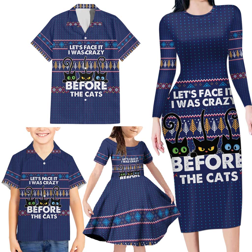 Crazy Cat Lover Family Matching Long Sleeve Bodycon Dress and Hawaiian Shirt with Black Cats and Funny Quote in Blue Holiday Knit Pattern Design - Wonder Print Shop