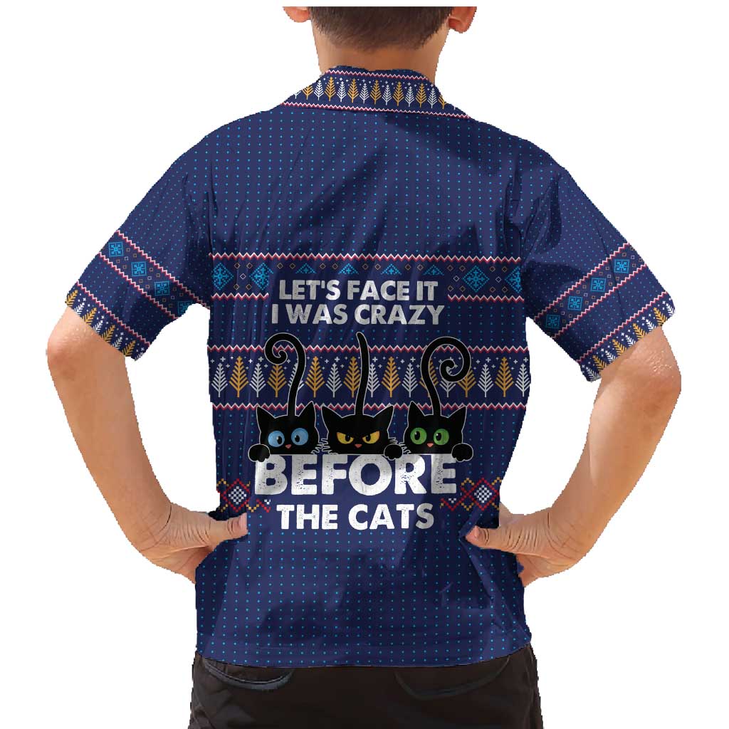 Crazy Cat Lover Family Matching Mermaid Dress and Hawaiian Shirt with Black Cats and Funny Quote in Blue Holiday Knit Pattern Design - Wonder Print Shop
