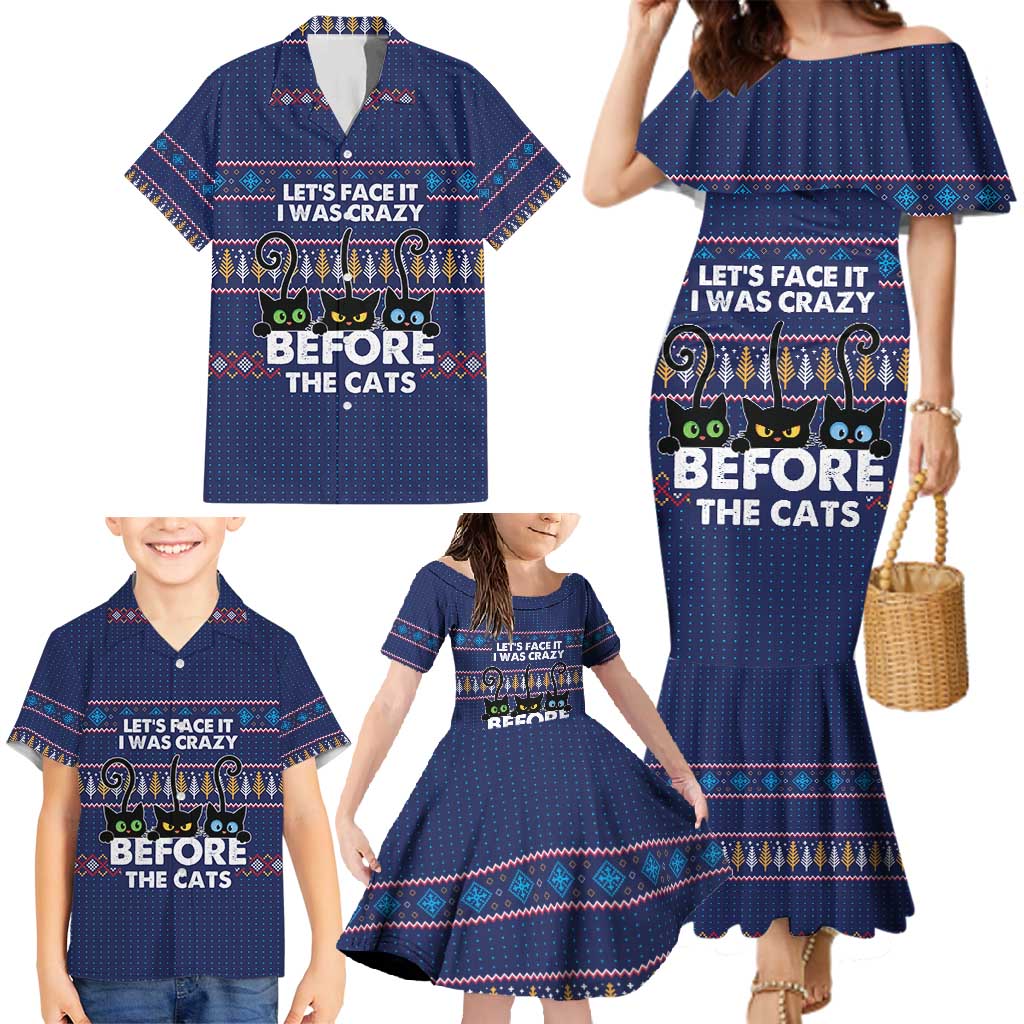 Crazy Cat Lover Family Matching Mermaid Dress and Hawaiian Shirt with Black Cats and Funny Quote in Blue Holiday Knit Pattern Design - Wonder Print Shop