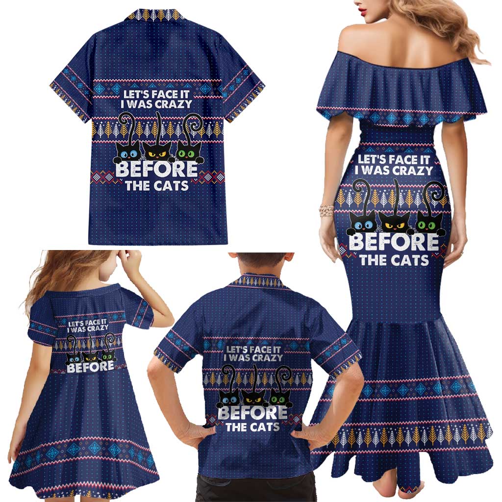 Crazy Cat Lover Family Matching Mermaid Dress and Hawaiian Shirt with Black Cats and Funny Quote in Blue Holiday Knit Pattern Design - Wonder Print Shop