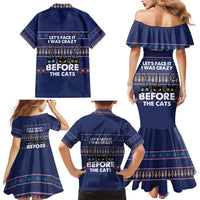 Crazy Cat Lover Family Matching Mermaid Dress and Hawaiian Shirt with Black Cats and Funny Quote in Blue Holiday Knit Pattern Design - Wonder Print Shop