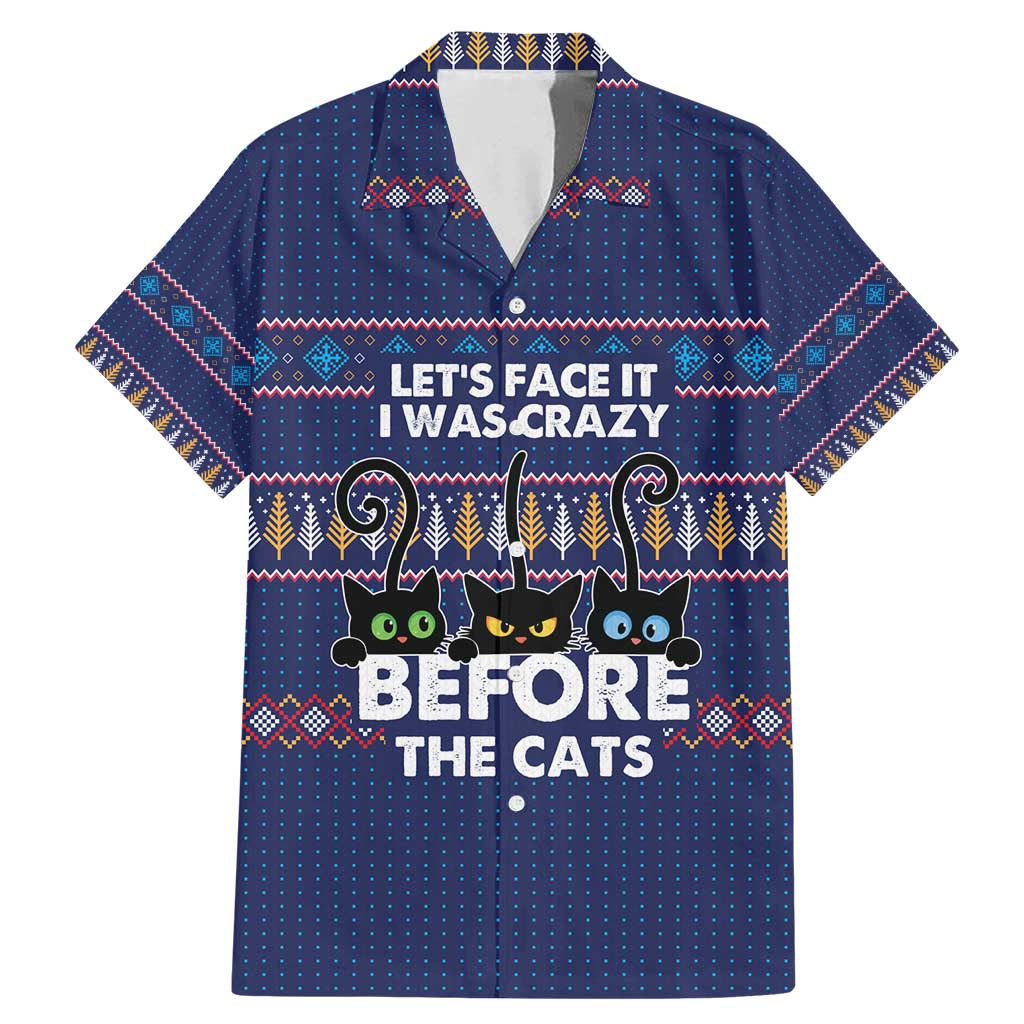 Crazy Cat Lover Family Matching Mermaid Dress and Hawaiian Shirt with Black Cats and Funny Quote in Blue Holiday Knit Pattern Design - Wonder Print Shop