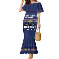 Crazy Cat Lover Family Matching Mermaid Dress and Hawaiian Shirt with Black Cats and Funny Quote in Blue Holiday Knit Pattern Design - Wonder Print Shop