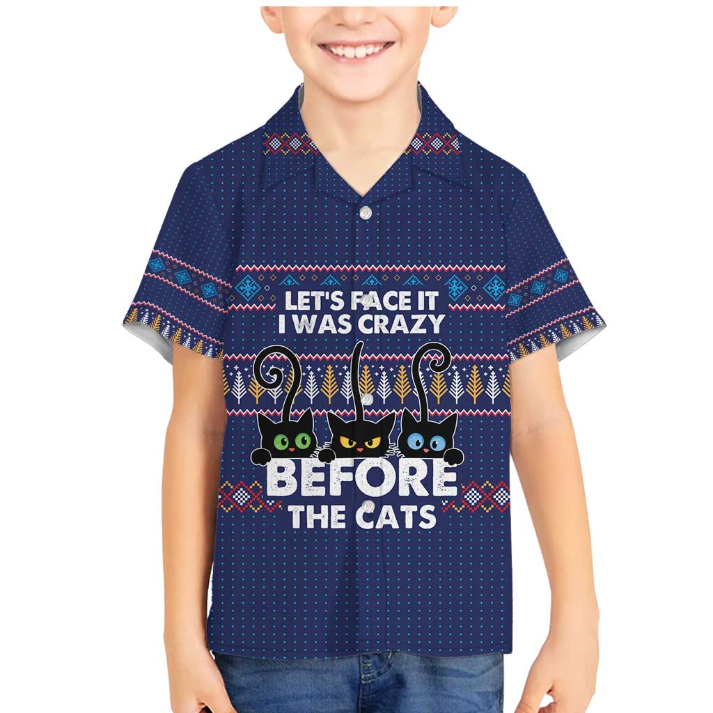 Crazy Cat Lover Family Matching Mermaid Dress and Hawaiian Shirt with Black Cats and Funny Quote in Blue Holiday Knit Pattern Design - Wonder Print Shop