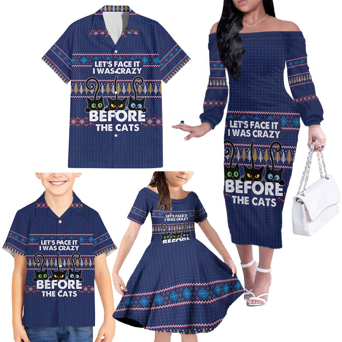 Crazy Cat Lover Family Matching Off The Shoulder Long Sleeve Dress and Hawaiian Shirt with Black Cats and Funny Quote in Blue Holiday Knit Pattern Design - Wonder Print Shop