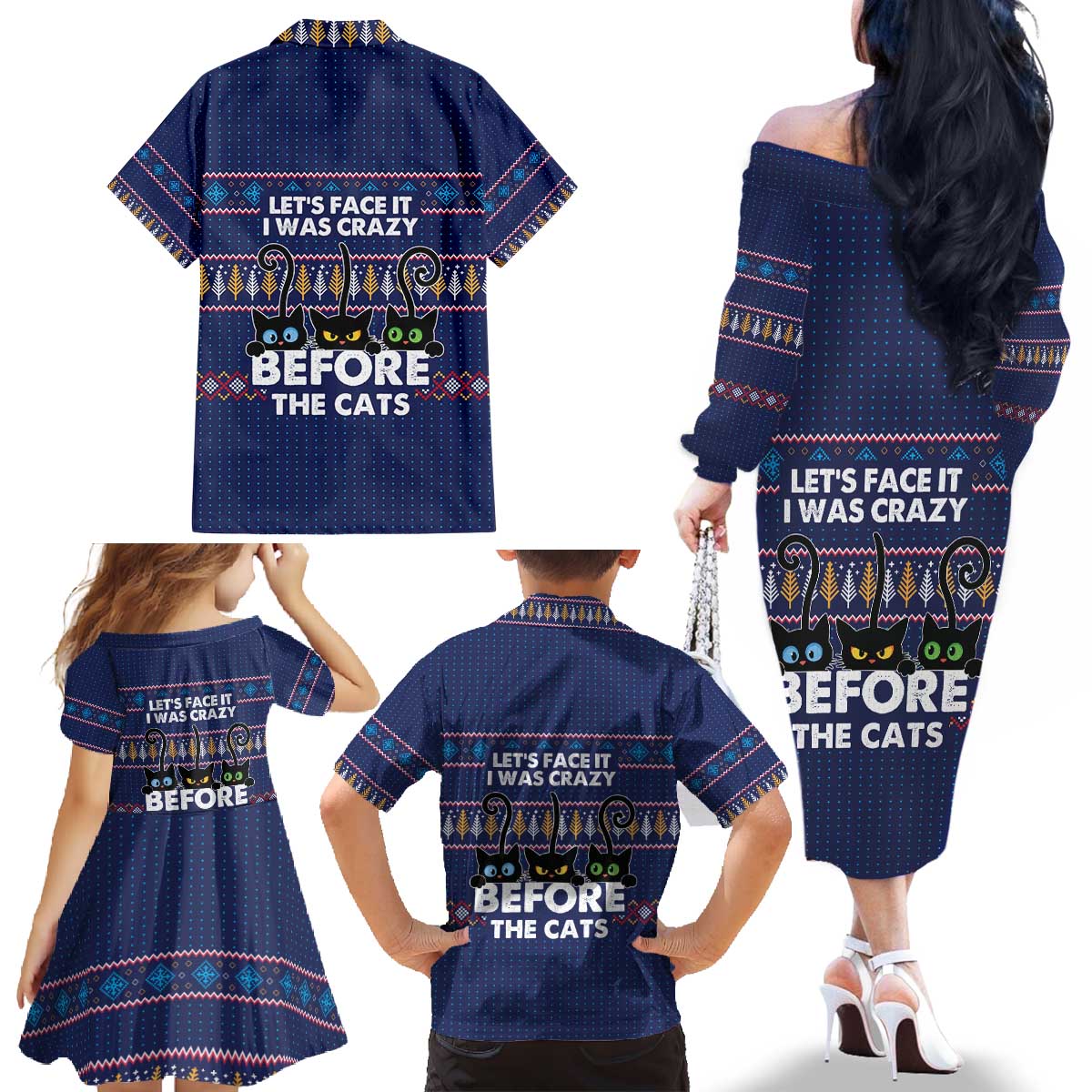 Crazy Cat Lover Family Matching Off The Shoulder Long Sleeve Dress and Hawaiian Shirt with Black Cats and Funny Quote in Blue Holiday Knit Pattern Design - Wonder Print Shop