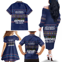 Crazy Cat Lover Family Matching Off The Shoulder Long Sleeve Dress and Hawaiian Shirt with Black Cats and Funny Quote in Blue Holiday Knit Pattern Design - Wonder Print Shop