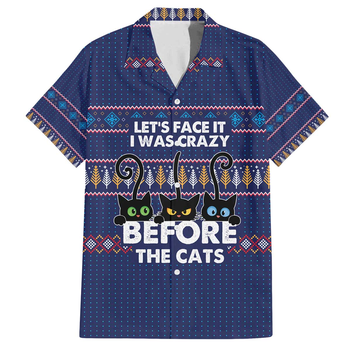 Crazy Cat Lover Family Matching Off The Shoulder Long Sleeve Dress and Hawaiian Shirt with Black Cats and Funny Quote in Blue Holiday Knit Pattern Design - Wonder Print Shop