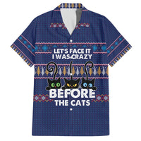 Crazy Cat Lover Family Matching Off The Shoulder Long Sleeve Dress and Hawaiian Shirt with Black Cats and Funny Quote in Blue Holiday Knit Pattern Design - Wonder Print Shop