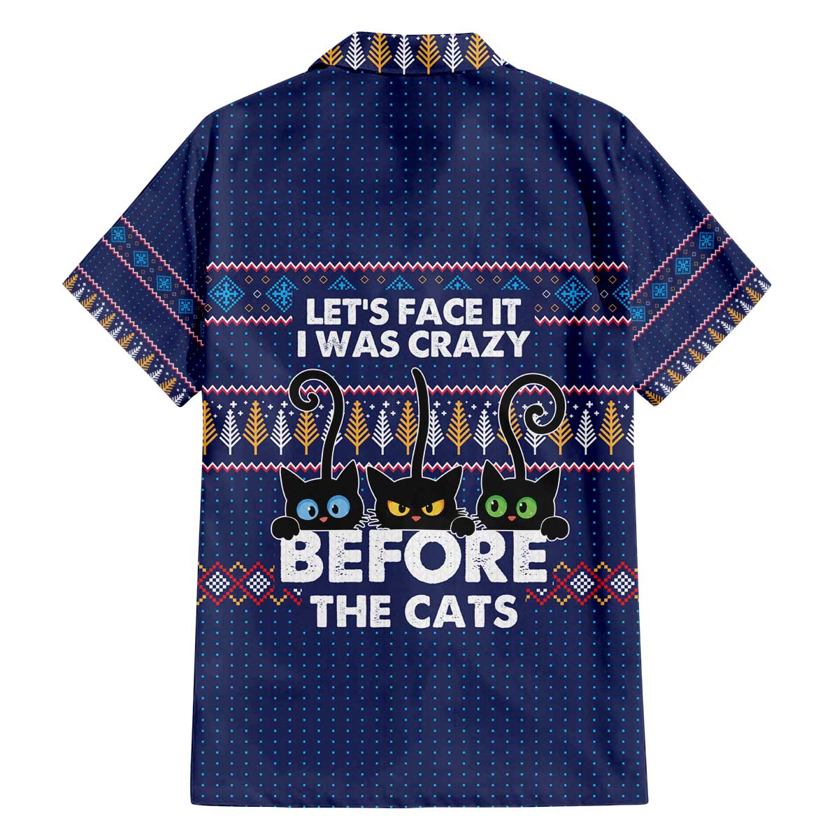 Crazy Cat Lover Family Matching Off The Shoulder Long Sleeve Dress and Hawaiian Shirt with Black Cats and Funny Quote in Blue Holiday Knit Pattern Design - Wonder Print Shop