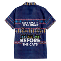 Crazy Cat Lover Family Matching Off The Shoulder Long Sleeve Dress and Hawaiian Shirt with Black Cats and Funny Quote in Blue Holiday Knit Pattern Design - Wonder Print Shop