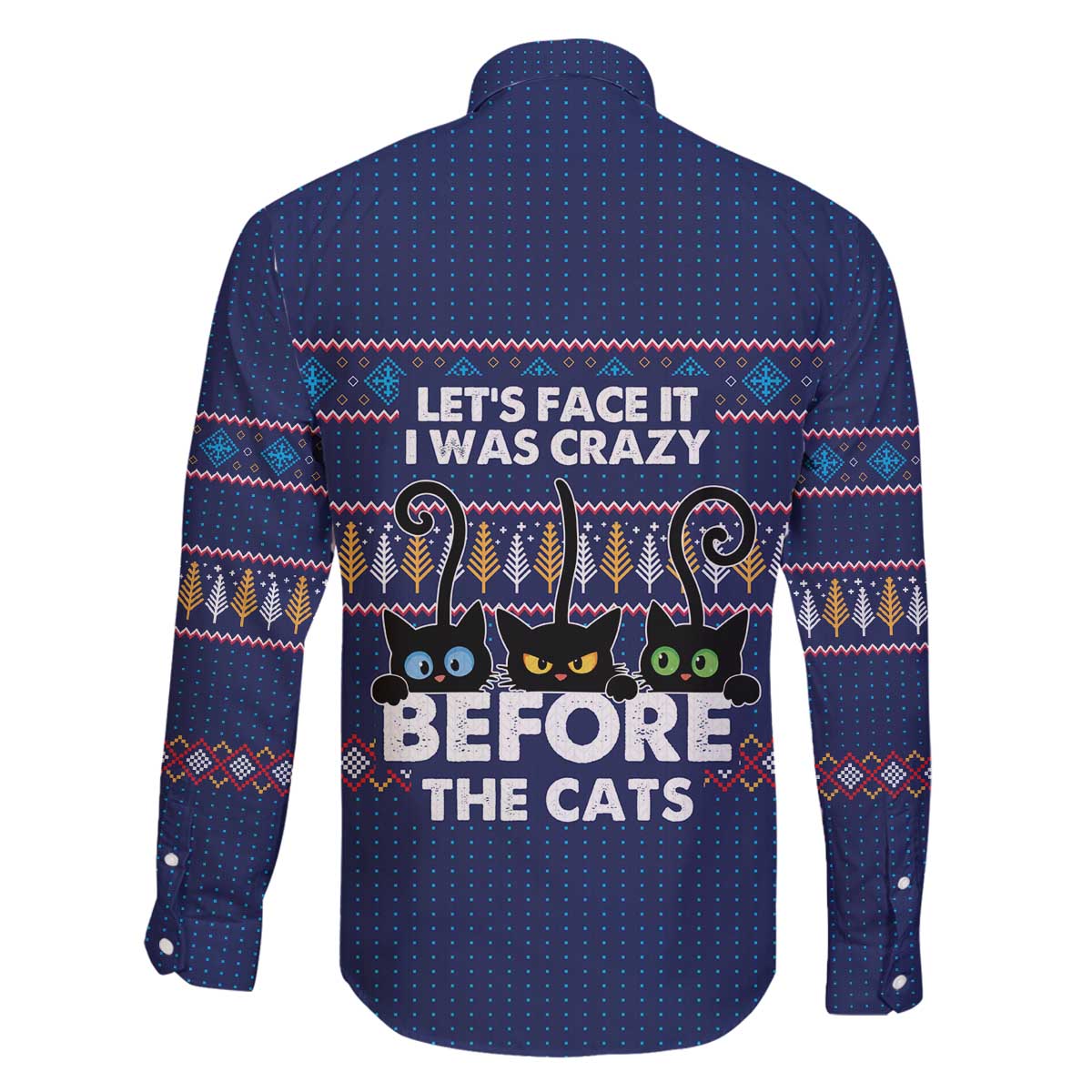 Crazy Cat Lover Family Matching Off The Shoulder Long Sleeve Dress and Hawaiian Shirt with Black Cats and Funny Quote in Blue Holiday Knit Pattern Design - Wonder Print Shop