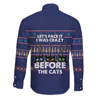 Crazy Cat Lover Family Matching Off The Shoulder Long Sleeve Dress and Hawaiian Shirt with Black Cats and Funny Quote in Blue Holiday Knit Pattern Design - Wonder Print Shop