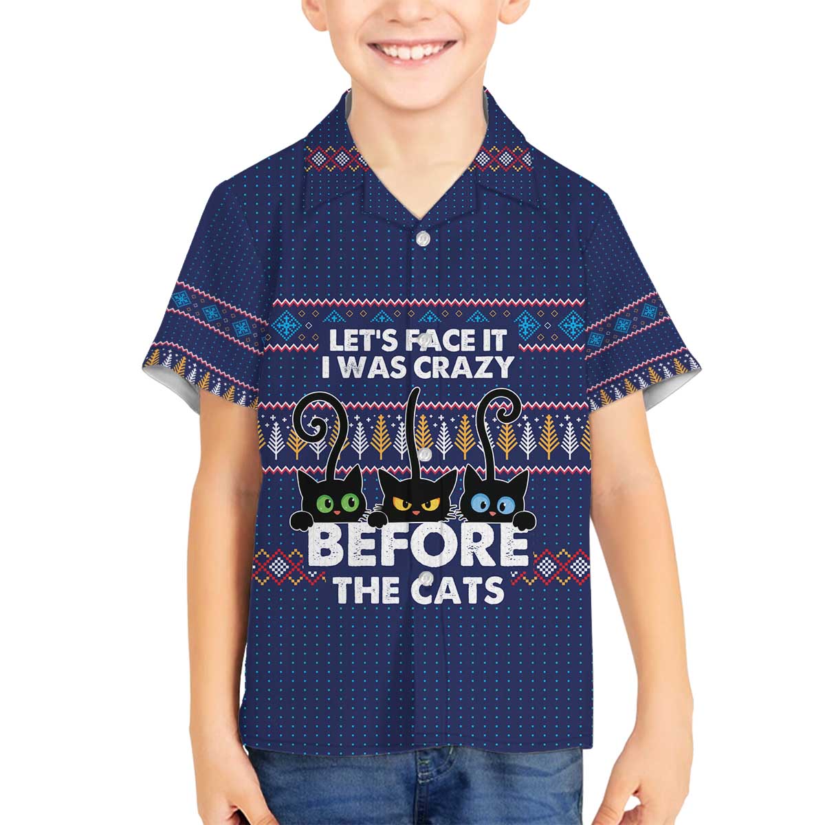 Crazy Cat Lover Family Matching Off The Shoulder Long Sleeve Dress and Hawaiian Shirt with Black Cats and Funny Quote in Blue Holiday Knit Pattern Design - Wonder Print Shop