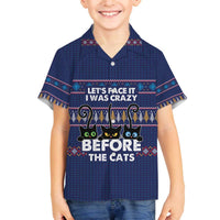Crazy Cat Lover Family Matching Off The Shoulder Long Sleeve Dress and Hawaiian Shirt with Black Cats and Funny Quote in Blue Holiday Knit Pattern Design - Wonder Print Shop