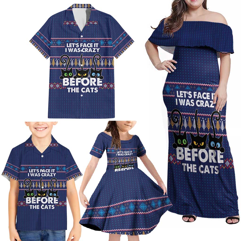 Crazy Cat Lover Family Matching Off Shoulder Maxi Dress and Hawaiian Shirt with Black Cats and Funny Quote in Blue Holiday Knit Pattern Design - Wonder Print Shop