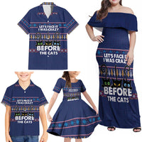 Crazy Cat Lover Family Matching Off Shoulder Maxi Dress and Hawaiian Shirt with Black Cats and Funny Quote in Blue Holiday Knit Pattern Design - Wonder Print Shop