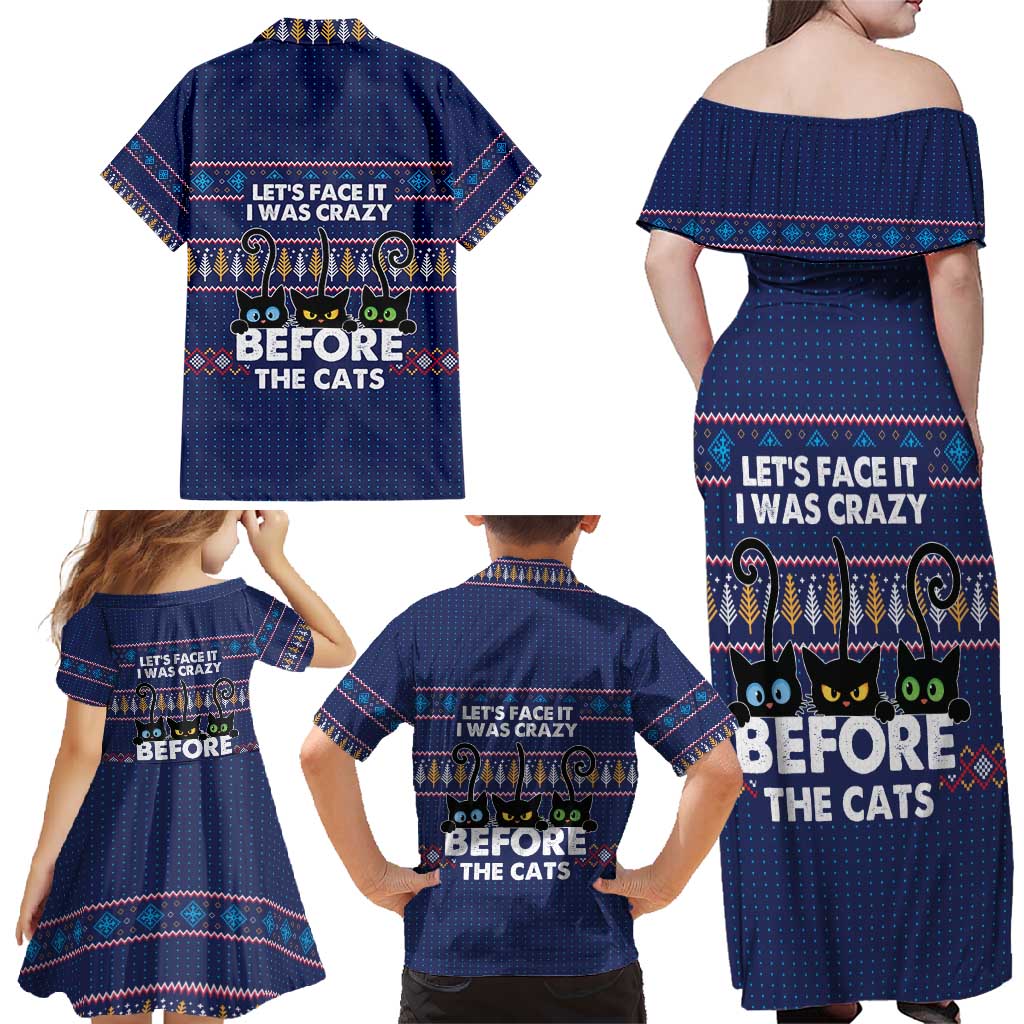 Crazy Cat Lover Family Matching Off Shoulder Maxi Dress and Hawaiian Shirt with Black Cats and Funny Quote in Blue Holiday Knit Pattern Design - Wonder Print Shop