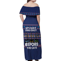 Crazy Cat Lover Family Matching Off Shoulder Maxi Dress and Hawaiian Shirt with Black Cats and Funny Quote in Blue Holiday Knit Pattern Design - Wonder Print Shop