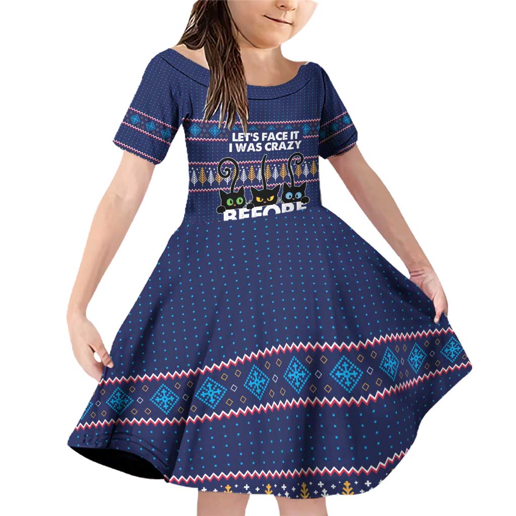Crazy Cat Lover Family Matching Off Shoulder Short Dress and Hawaiian Shirt with Black Cats and Funny Quote in Blue Holiday Knit Pattern Design - Wonder Print Shop