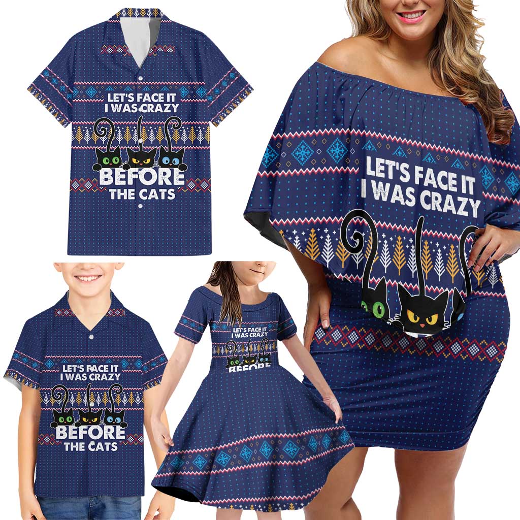 Crazy Cat Lover Family Matching Off Shoulder Short Dress and Hawaiian Shirt with Black Cats and Funny Quote in Blue Holiday Knit Pattern Design - Wonder Print Shop