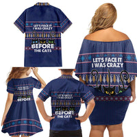 Crazy Cat Lover Family Matching Off Shoulder Short Dress and Hawaiian Shirt with Black Cats and Funny Quote in Blue Holiday Knit Pattern Design - Wonder Print Shop