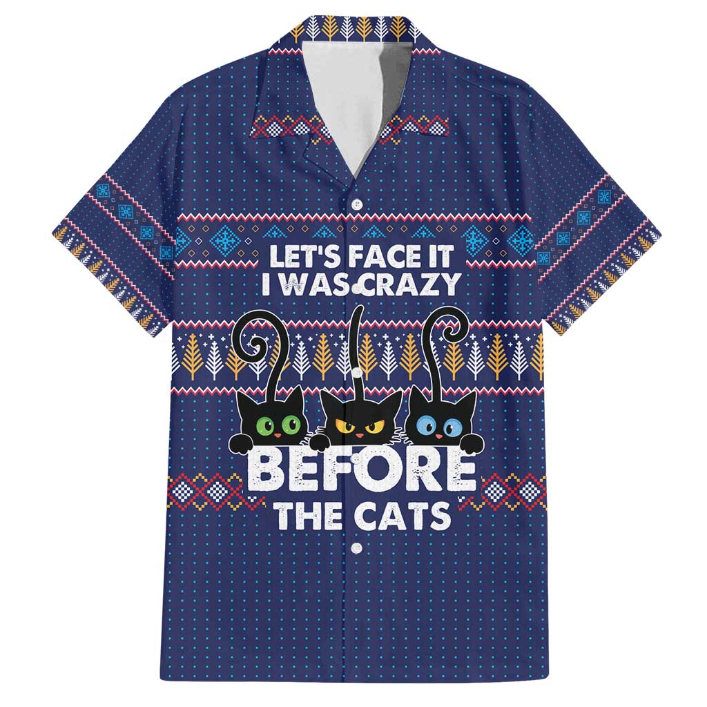 Crazy Cat Lover Family Matching Off Shoulder Short Dress and Hawaiian Shirt with Black Cats and Funny Quote in Blue Holiday Knit Pattern Design - Wonder Print Shop