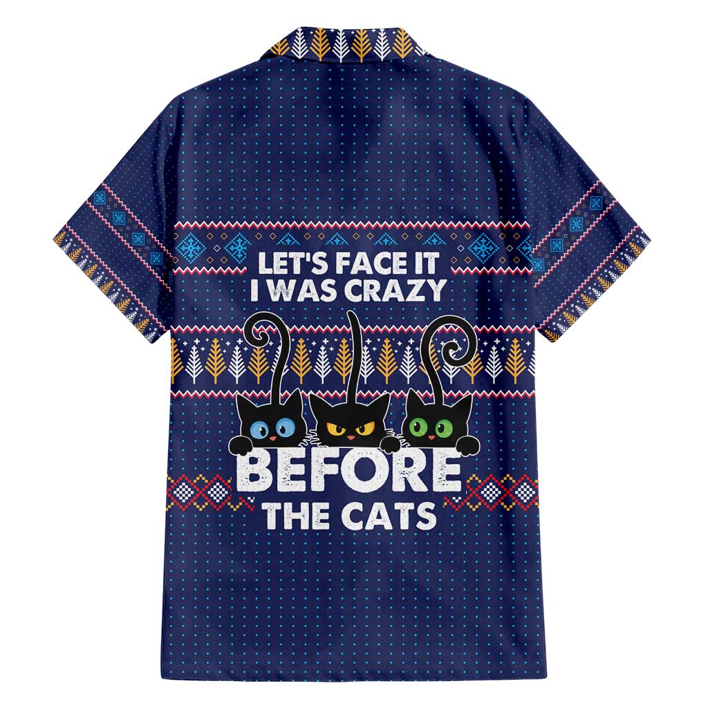 Crazy Cat Lover Family Matching Off Shoulder Short Dress and Hawaiian Shirt with Black Cats and Funny Quote in Blue Holiday Knit Pattern Design - Wonder Print Shop