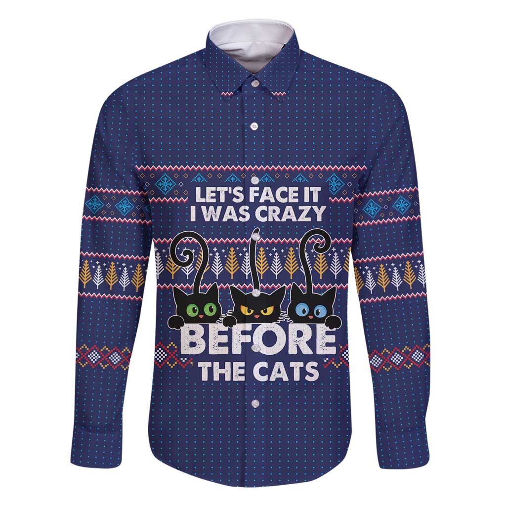 Crazy Cat Lover Family Matching Off Shoulder Short Dress and Hawaiian Shirt with Black Cats and Funny Quote in Blue Holiday Knit Pattern Design - Wonder Print Shop