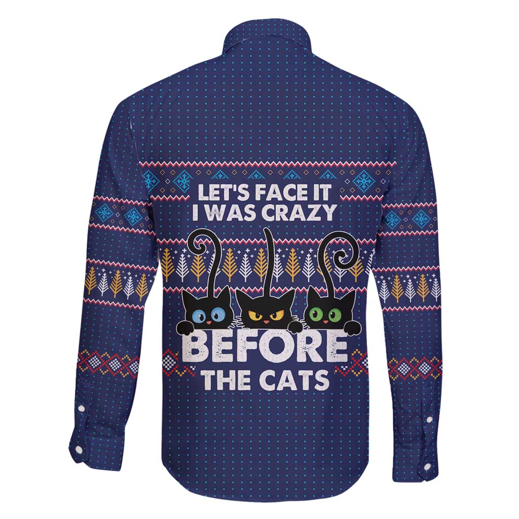 Crazy Cat Lover Family Matching Off Shoulder Short Dress and Hawaiian Shirt with Black Cats and Funny Quote in Blue Holiday Knit Pattern Design - Wonder Print Shop