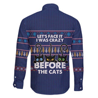 Crazy Cat Lover Family Matching Off Shoulder Short Dress and Hawaiian Shirt with Black Cats and Funny Quote in Blue Holiday Knit Pattern Design - Wonder Print Shop