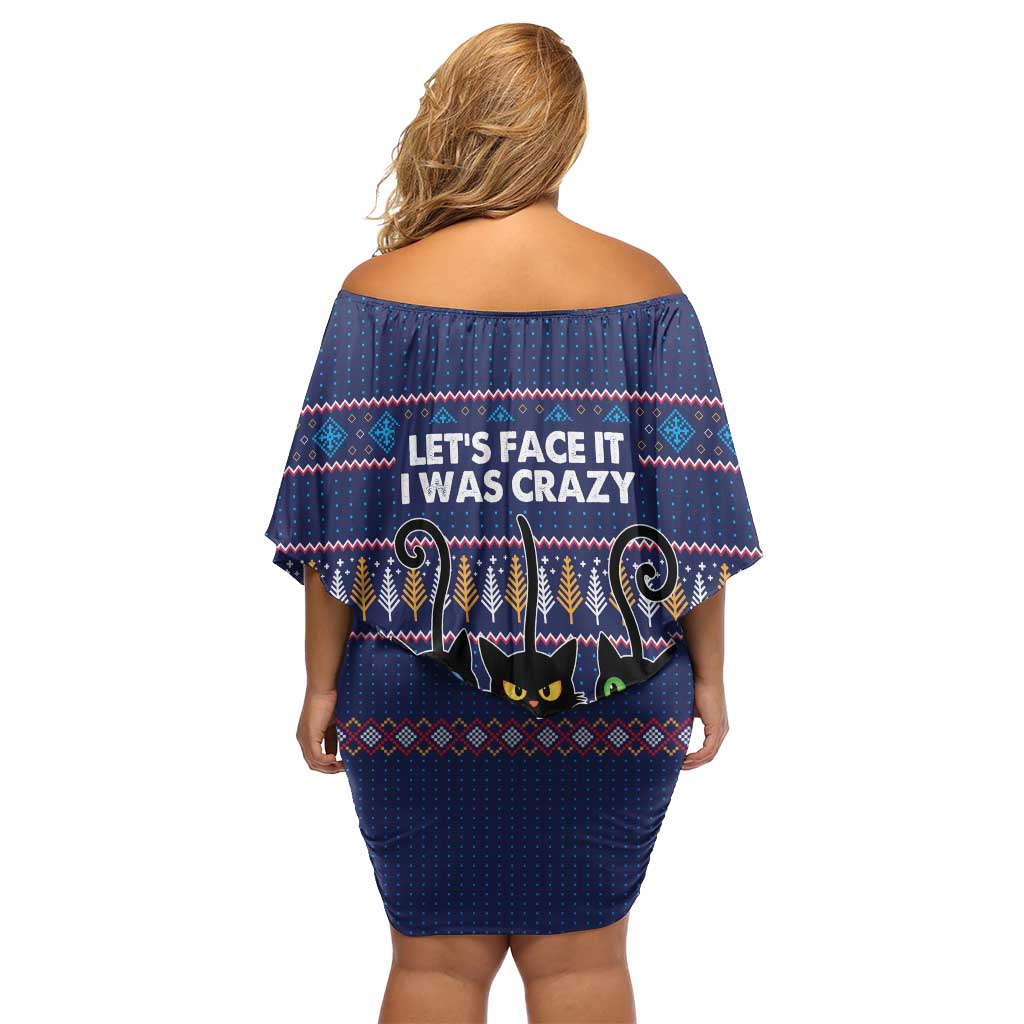 Crazy Cat Lover Family Matching Off Shoulder Short Dress and Hawaiian Shirt with Black Cats and Funny Quote in Blue Holiday Knit Pattern Design - Wonder Print Shop