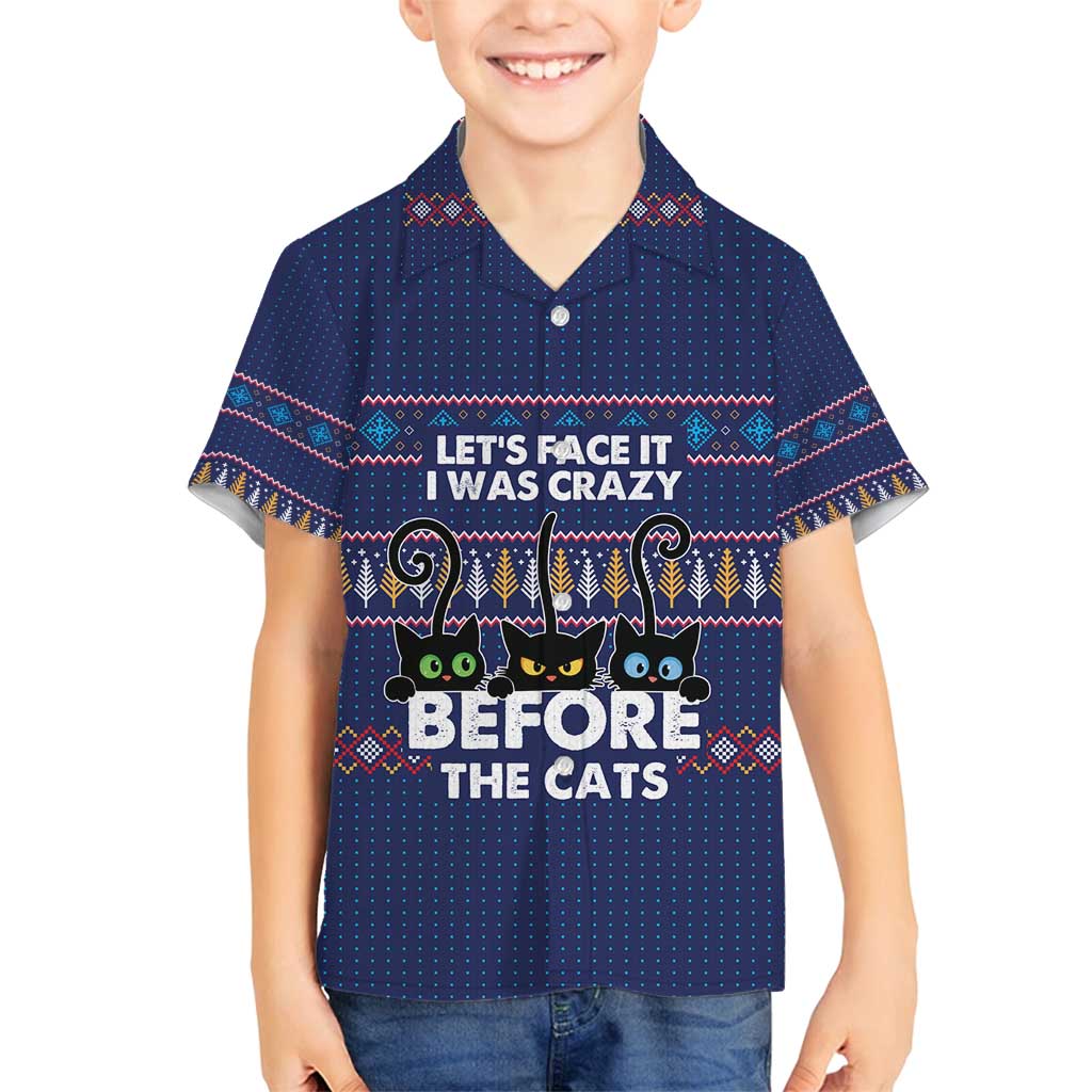 Crazy Cat Lover Family Matching Off Shoulder Short Dress and Hawaiian Shirt with Black Cats and Funny Quote in Blue Holiday Knit Pattern Design - Wonder Print Shop