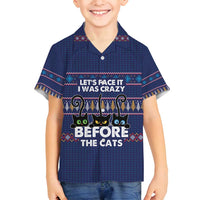 Crazy Cat Lover Family Matching Off Shoulder Short Dress and Hawaiian Shirt with Black Cats and Funny Quote in Blue Holiday Knit Pattern Design - Wonder Print Shop