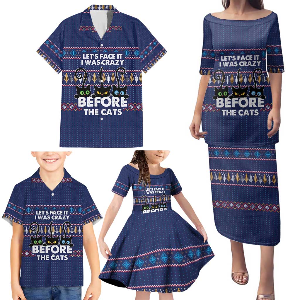 Crazy Cat Lover Family Matching Puletasi and Hawaiian Shirt with Black Cats and Funny Quote in Blue Holiday Knit Pattern Design - Wonder Print Shop