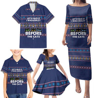 Crazy Cat Lover Family Matching Puletasi and Hawaiian Shirt with Black Cats and Funny Quote in Blue Holiday Knit Pattern Design - Wonder Print Shop