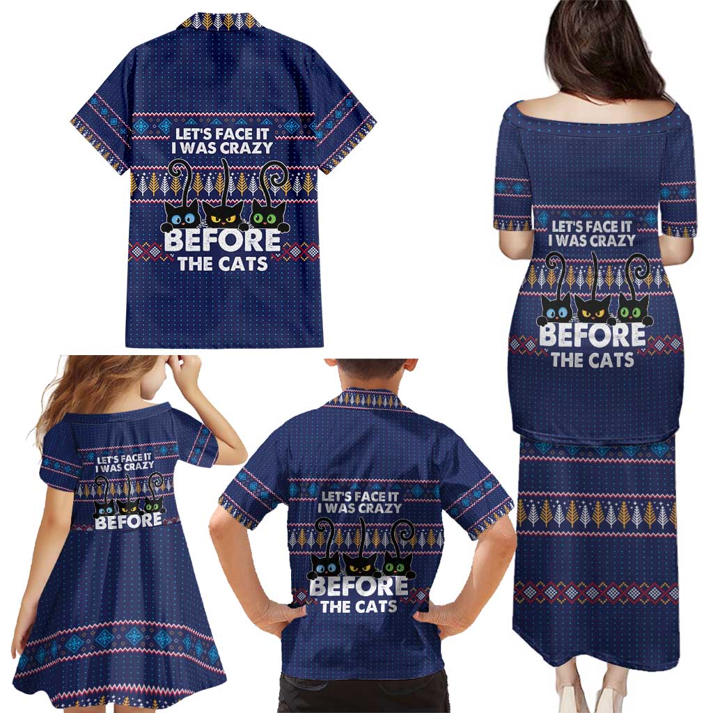 Crazy Cat Lover Family Matching Puletasi and Hawaiian Shirt with Black Cats and Funny Quote in Blue Holiday Knit Pattern Design - Wonder Print Shop