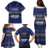 Crazy Cat Lover Family Matching Puletasi and Hawaiian Shirt with Black Cats and Funny Quote in Blue Holiday Knit Pattern Design - Wonder Print Shop