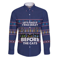 Crazy Cat Lover Family Matching Puletasi and Hawaiian Shirt with Black Cats and Funny Quote in Blue Holiday Knit Pattern Design - Wonder Print Shop