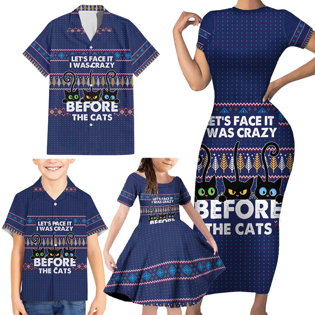 Crazy Cat Lover Family Matching Short Sleeve Bodycon Dress and Hawaiian Shirt with Black Cats and Funny Quote in Blue Holiday Knit Pattern Design - Wonder Print Shop