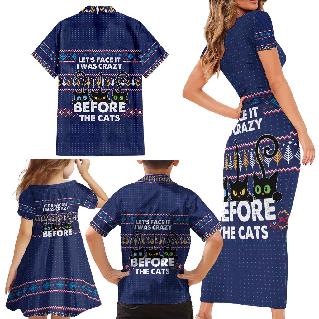 Crazy Cat Lover Family Matching Short Sleeve Bodycon Dress and Hawaiian Shirt with Black Cats and Funny Quote in Blue Holiday Knit Pattern Design - Wonder Print Shop
