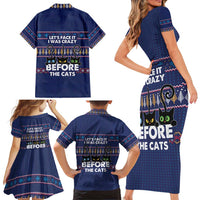 Crazy Cat Lover Family Matching Short Sleeve Bodycon Dress and Hawaiian Shirt with Black Cats and Funny Quote in Blue Holiday Knit Pattern Design - Wonder Print Shop