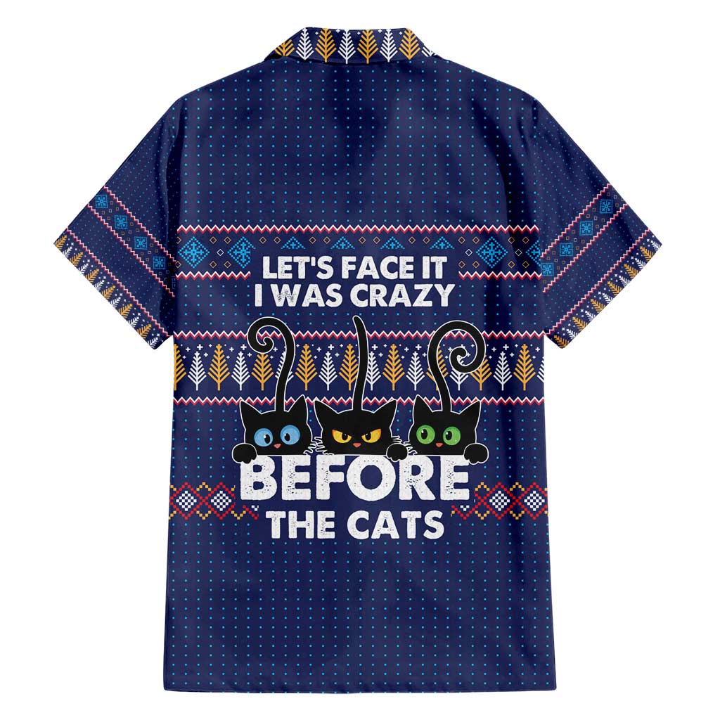 Crazy Cat Lover Family Matching Short Sleeve Bodycon Dress and Hawaiian Shirt with Black Cats and Funny Quote in Blue Holiday Knit Pattern Design - Wonder Print Shop