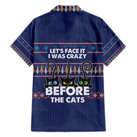 Crazy Cat Lover Family Matching Short Sleeve Bodycon Dress and Hawaiian Shirt with Black Cats and Funny Quote in Blue Holiday Knit Pattern Design - Wonder Print Shop