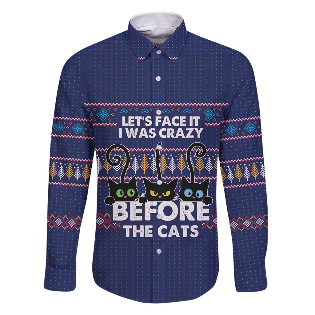 Crazy Cat Lover Family Matching Short Sleeve Bodycon Dress and Hawaiian Shirt with Black Cats and Funny Quote in Blue Holiday Knit Pattern Design - Wonder Print Shop